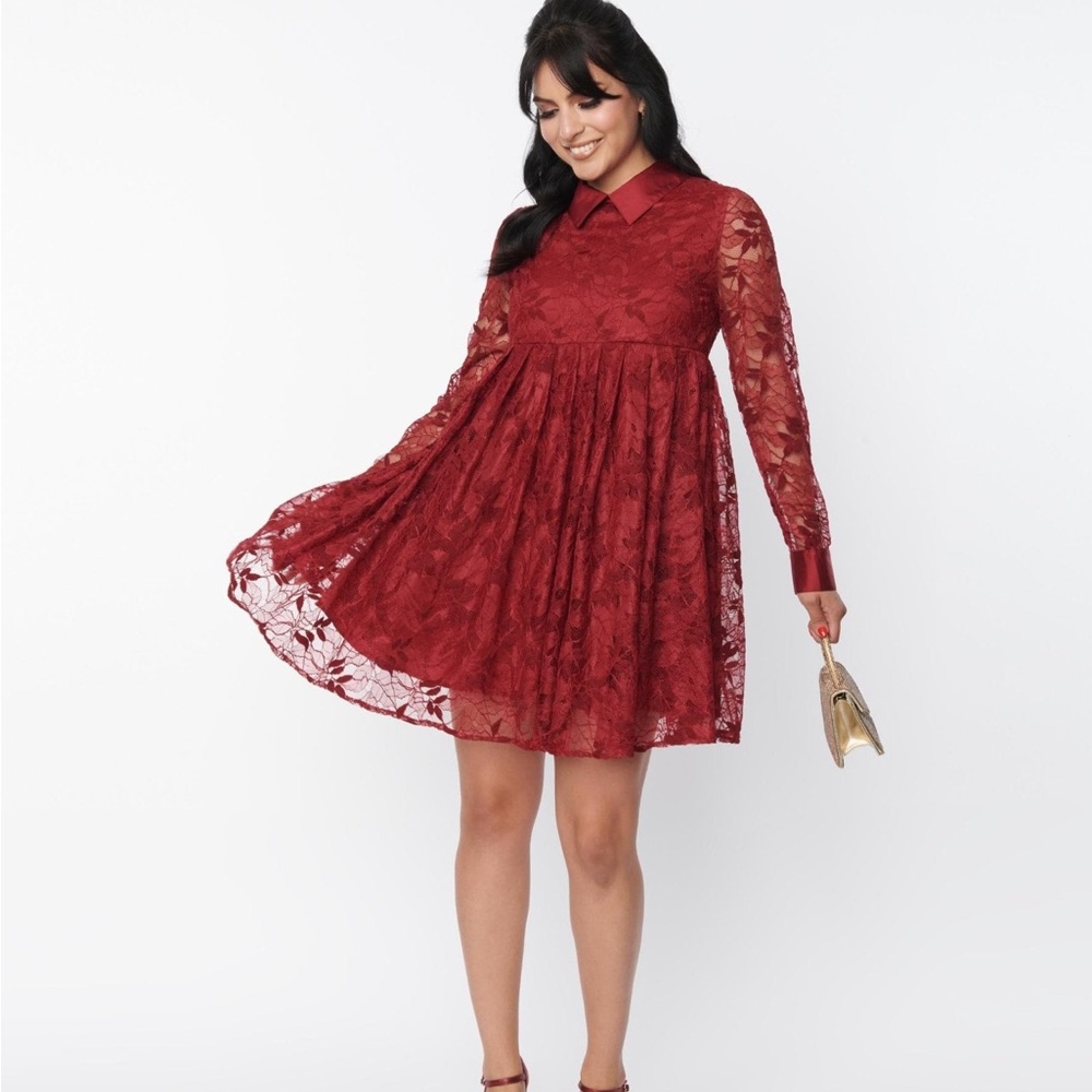 Unique Vintage Burgundy Lace Peggy Babydoll Dress